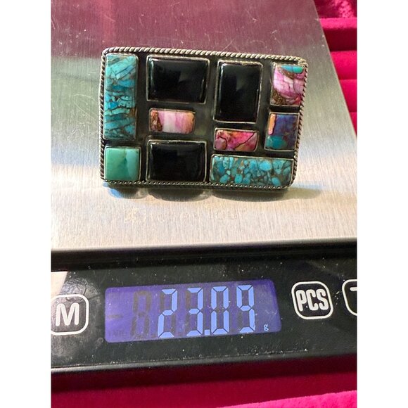 HUGE Sterling Silver Adjustable Ring Onyx Turquoise Spiny Oyster - Picture 3 of 8